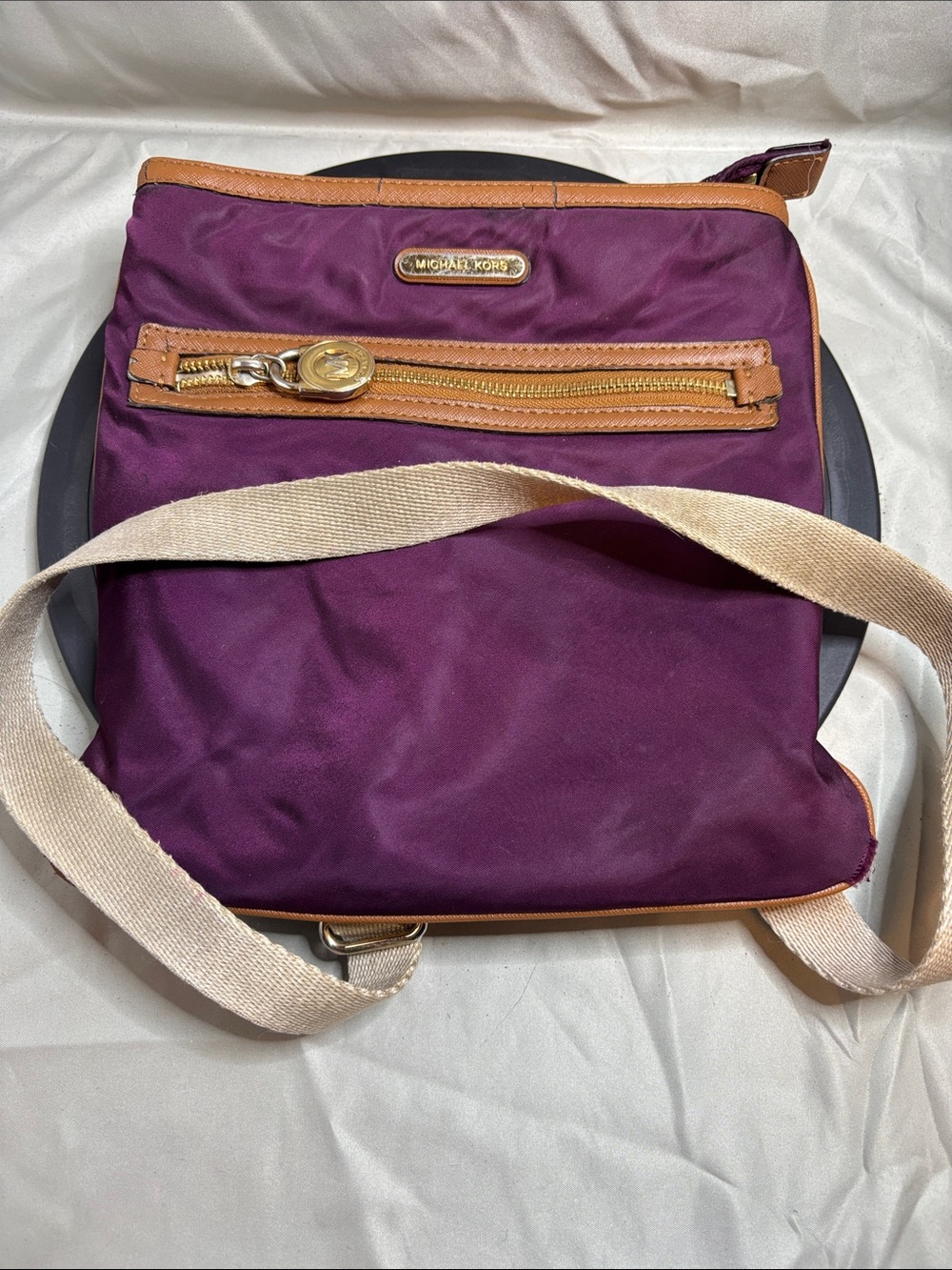 Michael Kors Plum Nylon Crossbody with Tan Trim